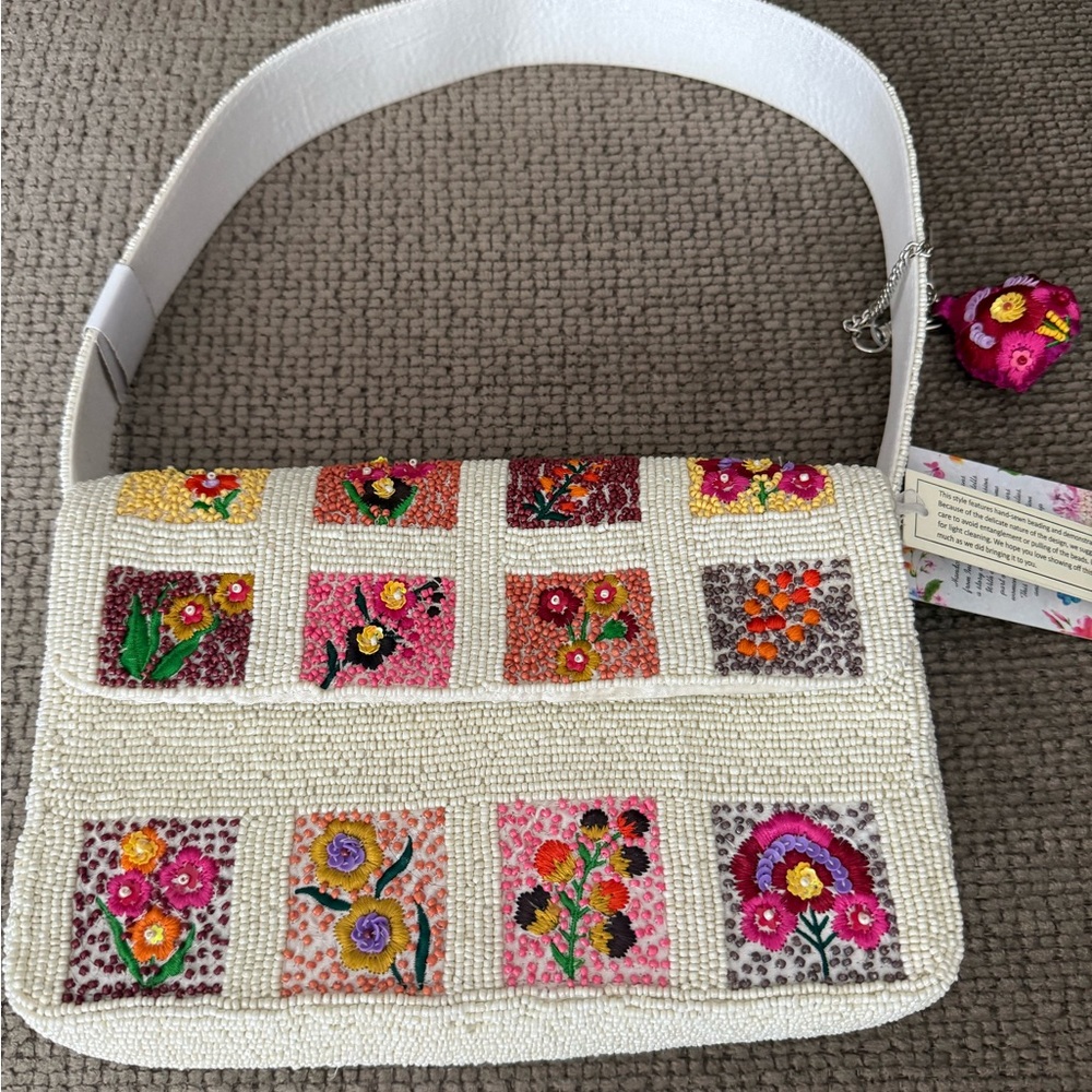 New Viral Floral Tile Patchwork Beaded Shoulder Bag w/Charm